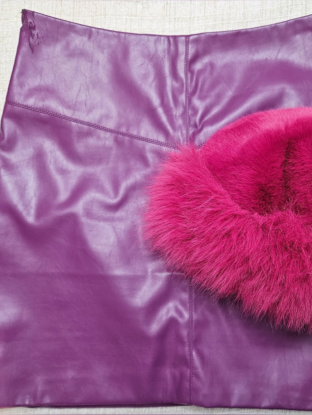 Women’s Plum Purple Faux Leather Skirt with A Magenta Pink Fur Trim Winter Hat